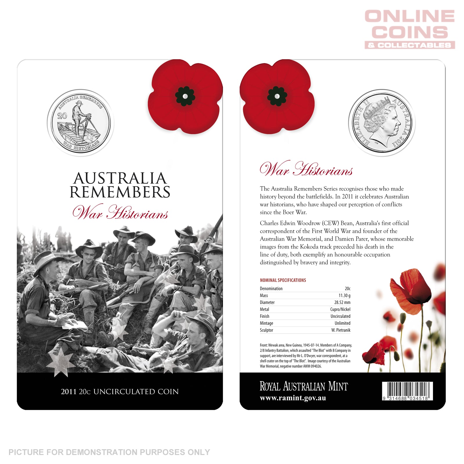 2011 Royal Australian Mint - Australia Remembers - War Historians - Uncirculated 20c Carded Coin